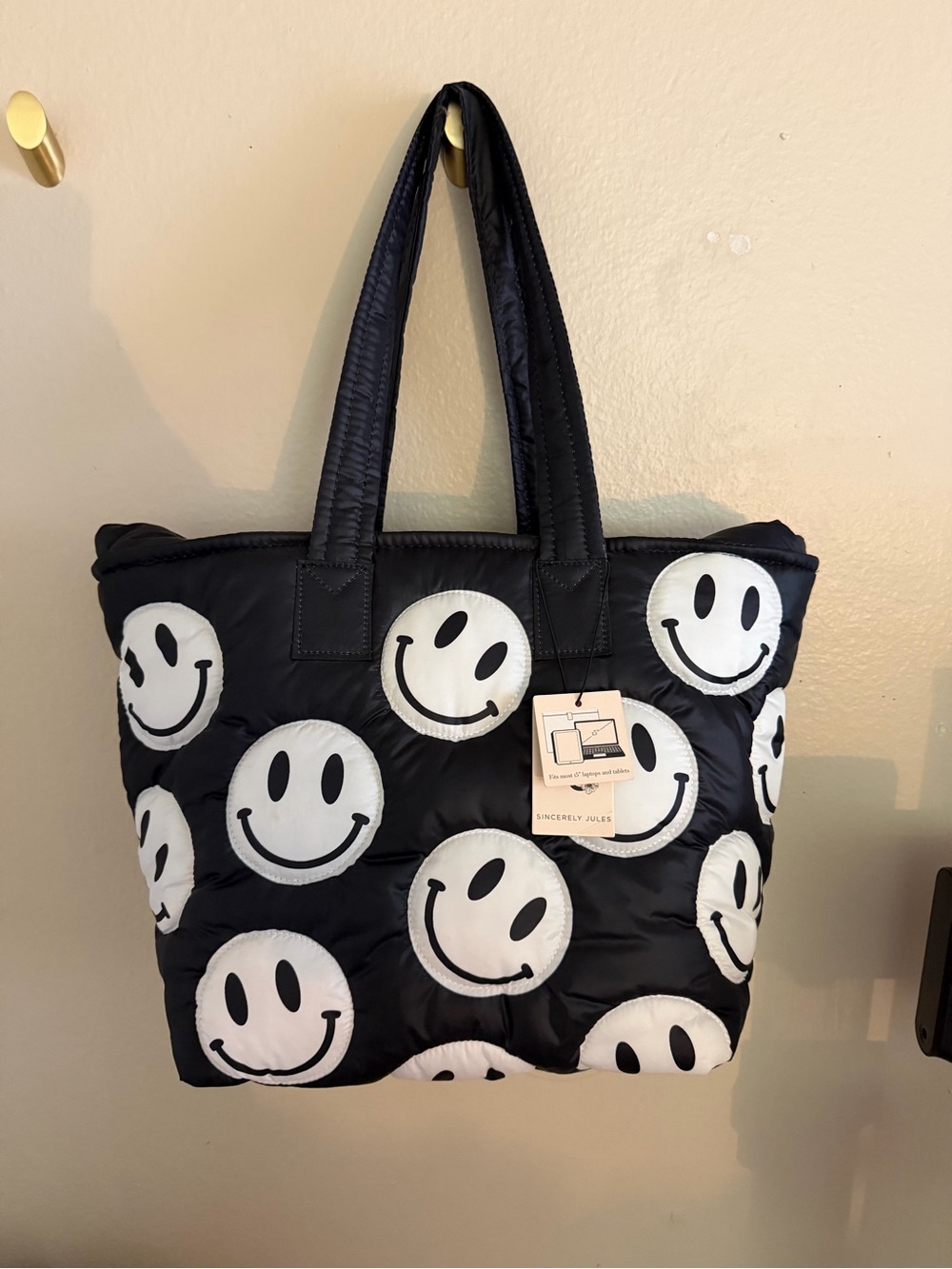 Sincerly Jules Black Tote with White Smiley Faces